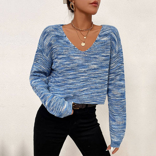 SHORT SOLID COLOR LONG SLEEVE V-NECK SWEATER