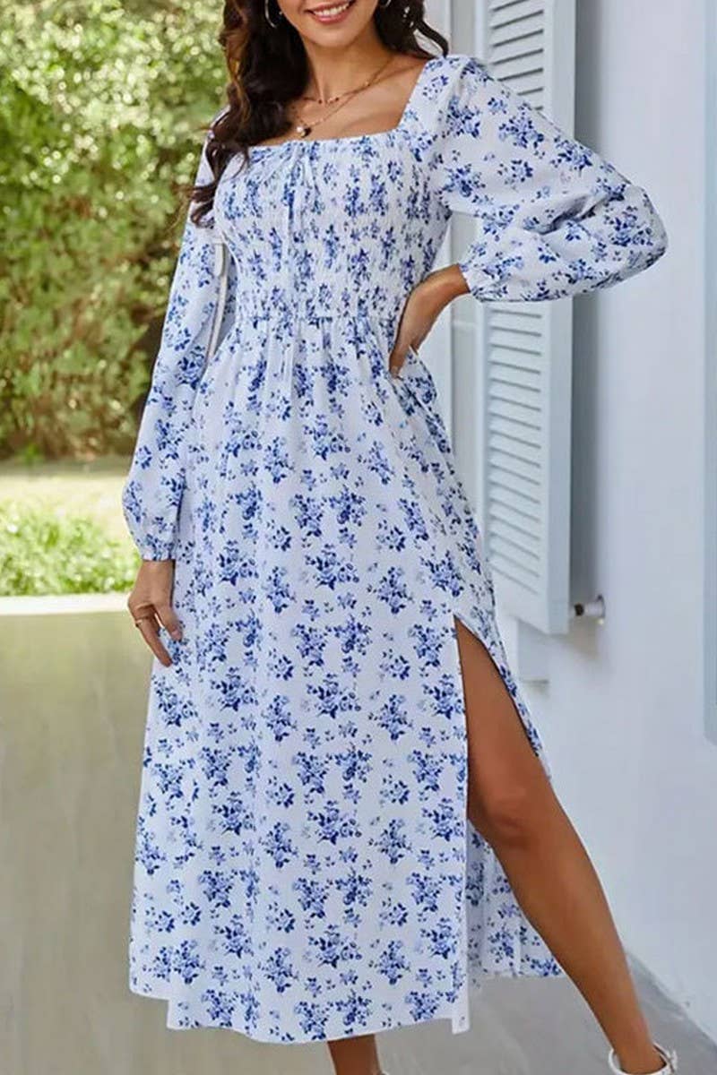 CWDMD5040_SPRING AND SUMMER SQUARE NECK SLIT FLORAL DRESS
