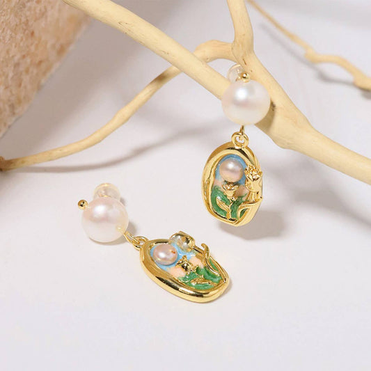 NEW HIGH-END RETRO LITERARY SUNSET PEARL EARRINGS