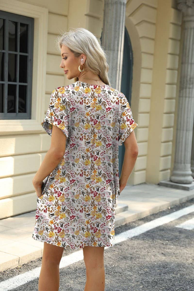 CWDSD7291_PRINTED CREW NECK SHORT SLEEVE POCKET DRESS