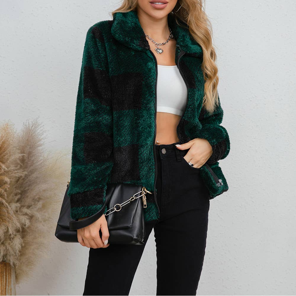 LAPEL LONG SLEEVE BAGGY CASHMERE PLAID JACKET