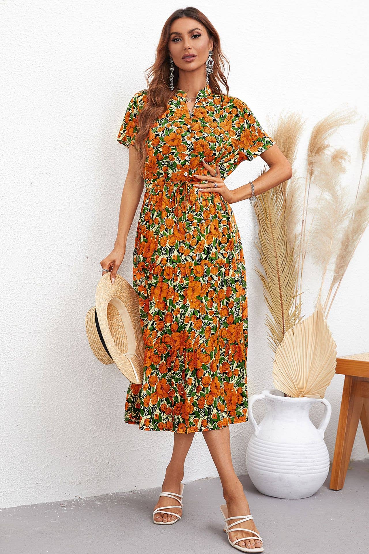 STYLISH PRINT WAISTLINE LONG DRESS