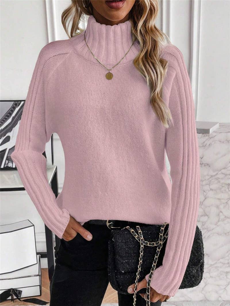 Solid-colored high-neck long-sleeved sweater