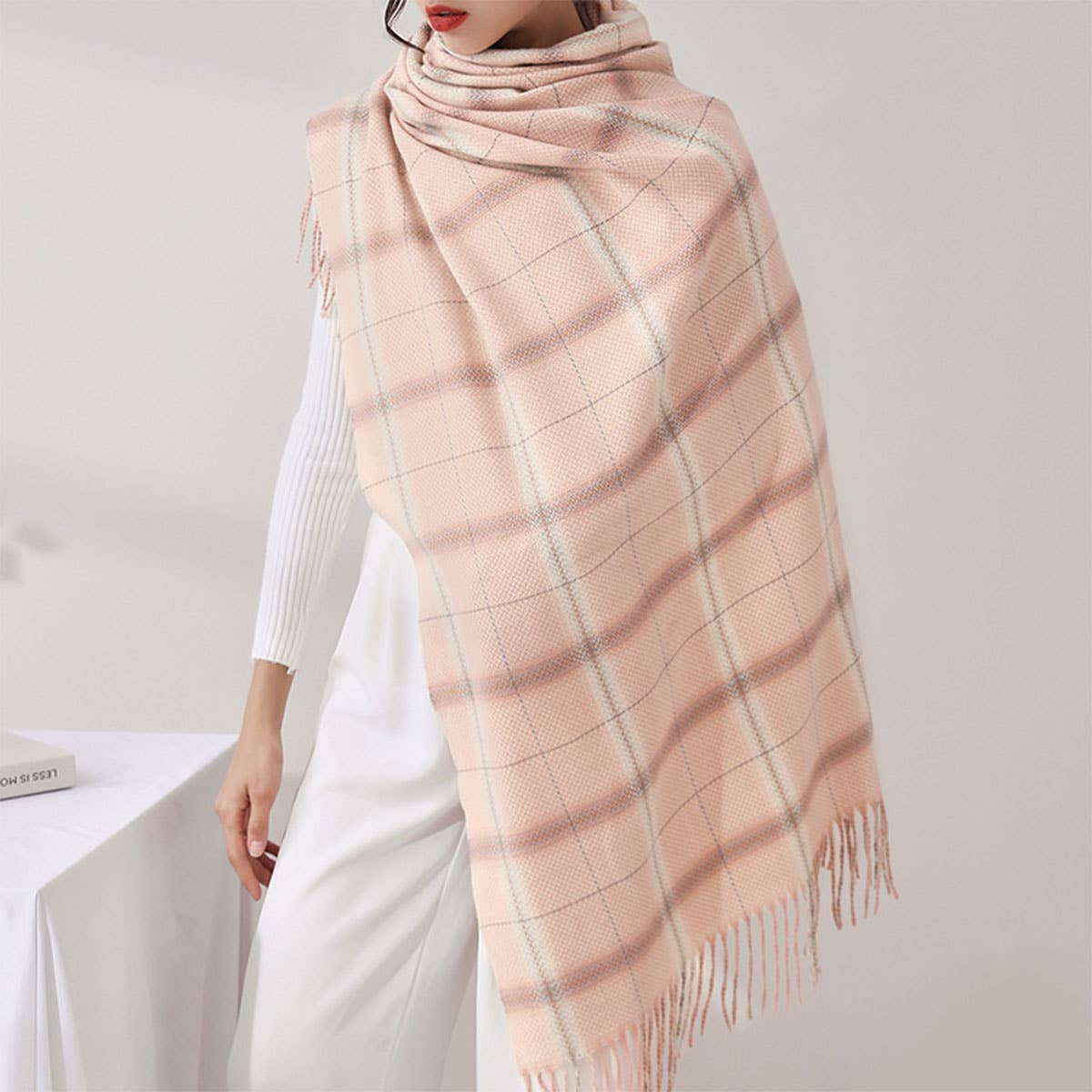 Plaid Faux Cashmere Scarf - Tassel Winter Shawl_CWASC0218