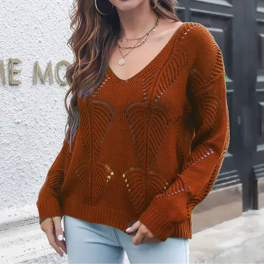 HOLLOW LEAF V-NECK LONG-SLEEVED KNIT SWEATER