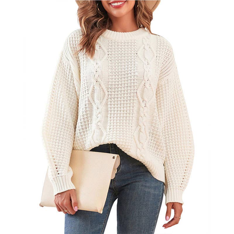 SOLID COLOR CREW NECK TWIST PULLOVER SWEATER