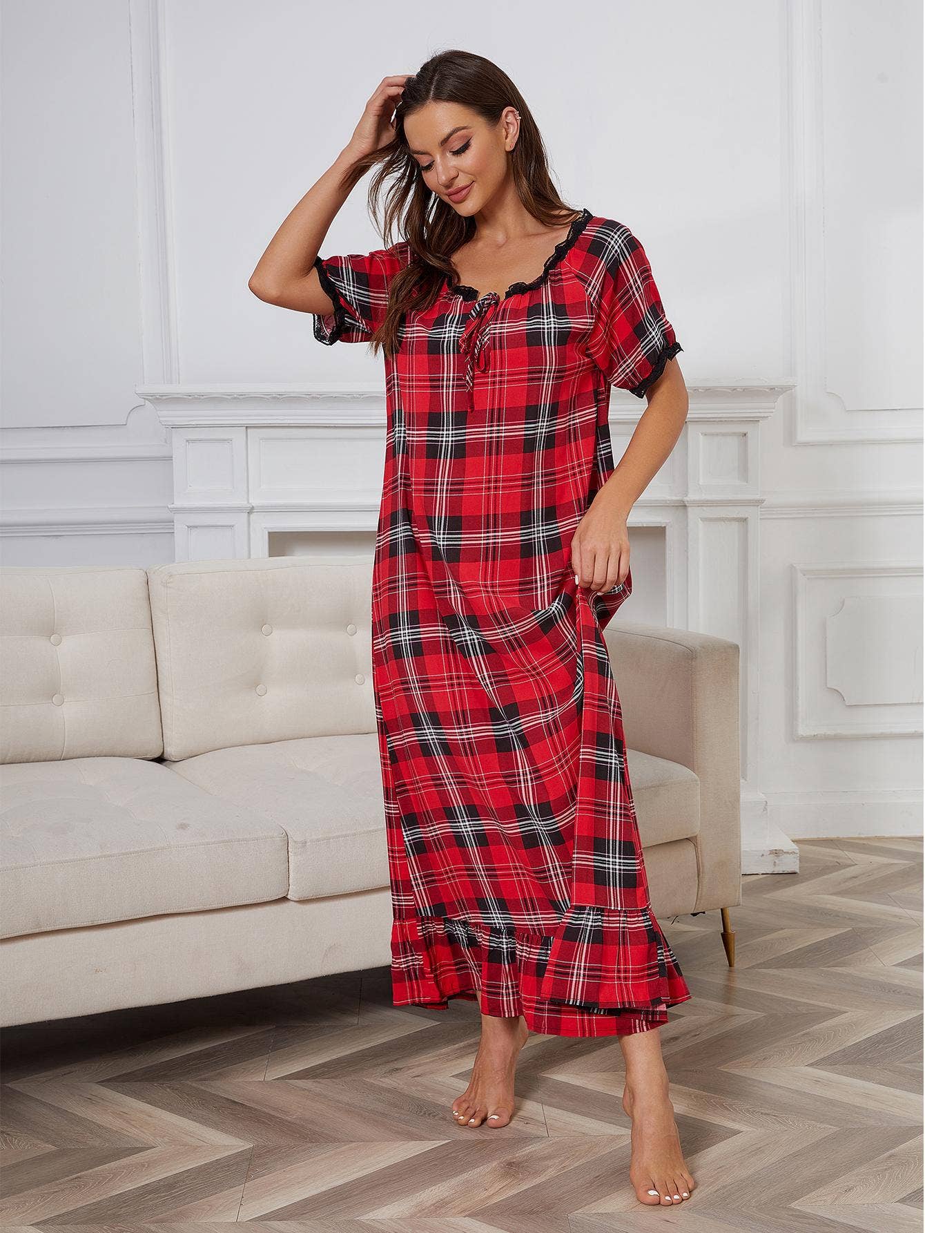 SHORT-SLEEVED RED PLAID HOME NIGHTDRESS