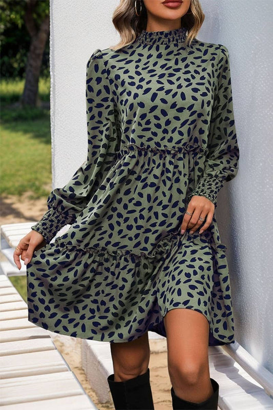 CWDSD6519_CHOKER LONG SLEEVE LEOPARD PRINT WAIST DRESS