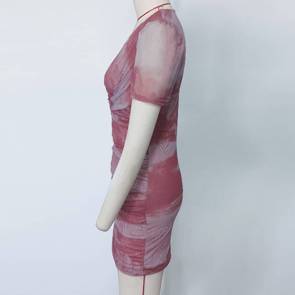 Mesh Ink Print V-Neck Bodycon Waist Dress