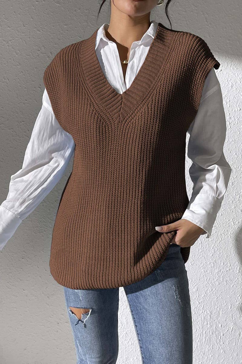 CWOSWL07396_)WOMEN V NECK KNIT SWEATER VEST TOP