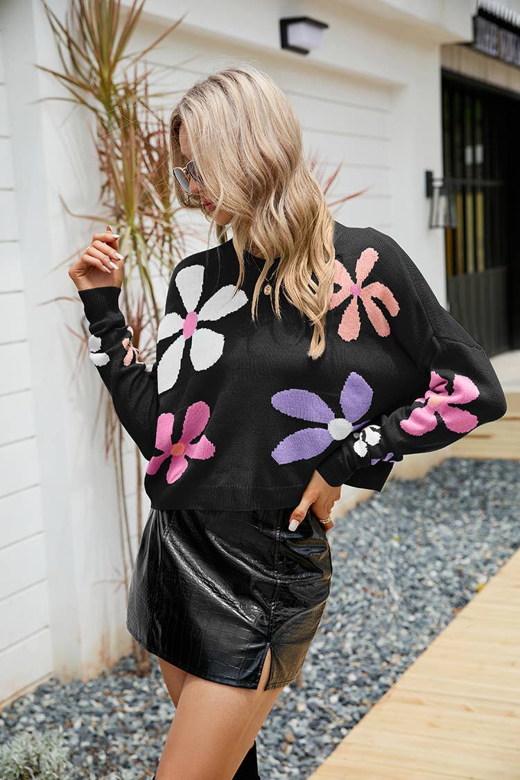 SWEET FLOWER LOOSE CREW NECK PULLOVER SWEATER