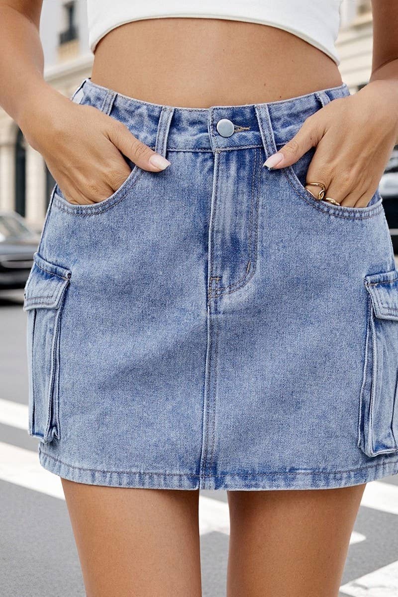 CWJSK00229_WASHED VINTAGE DENIM WORK POCKET SKIRT