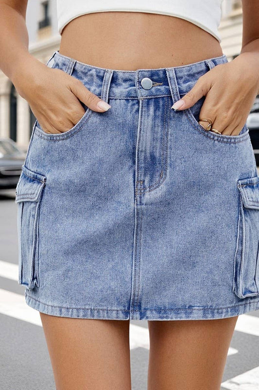 CWJSK00229_WASHED VINTAGE DENIM WORK POCKET SKIRT