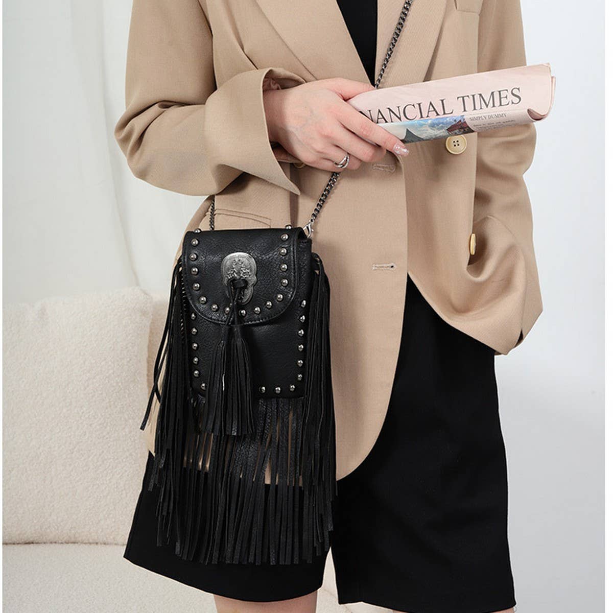 CWAB4543_RIVET TASSEL CHAIN SHOULDER CROSSBODY BAG