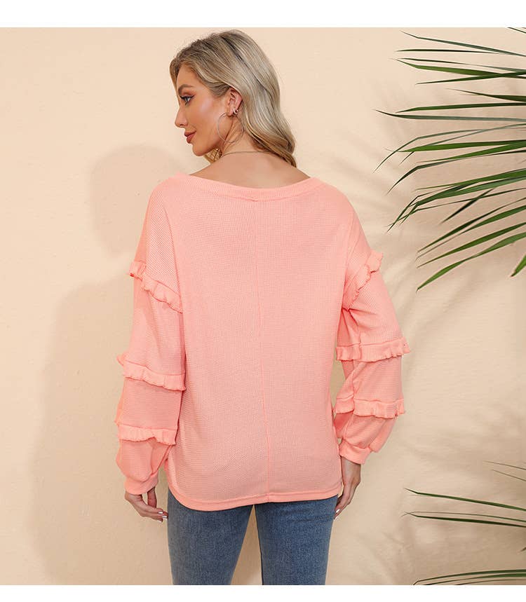 V-NECK RUFFLED LANTERN SLEEVE T-SHIRT