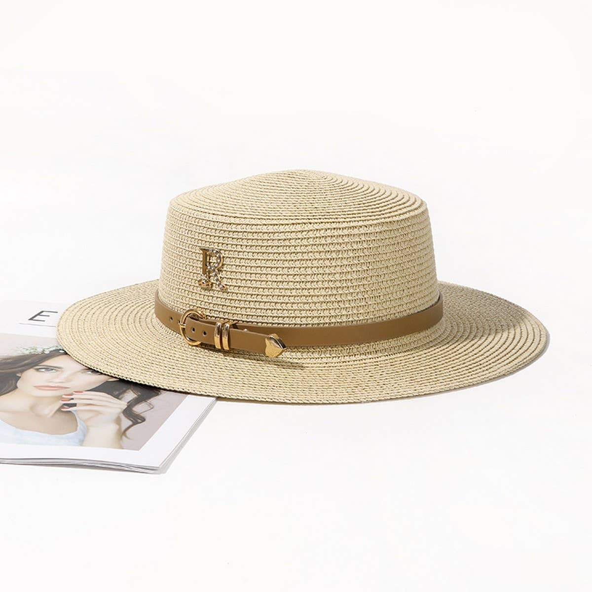 Fashionable rhinestone R letter straw hat_CWAH3484