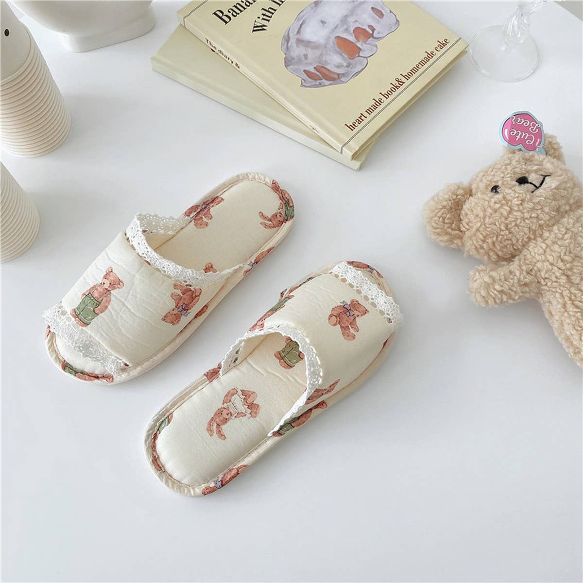 VINTAGE LACE RABBIT BEAR OPEN TOE HOME SLIPPERS