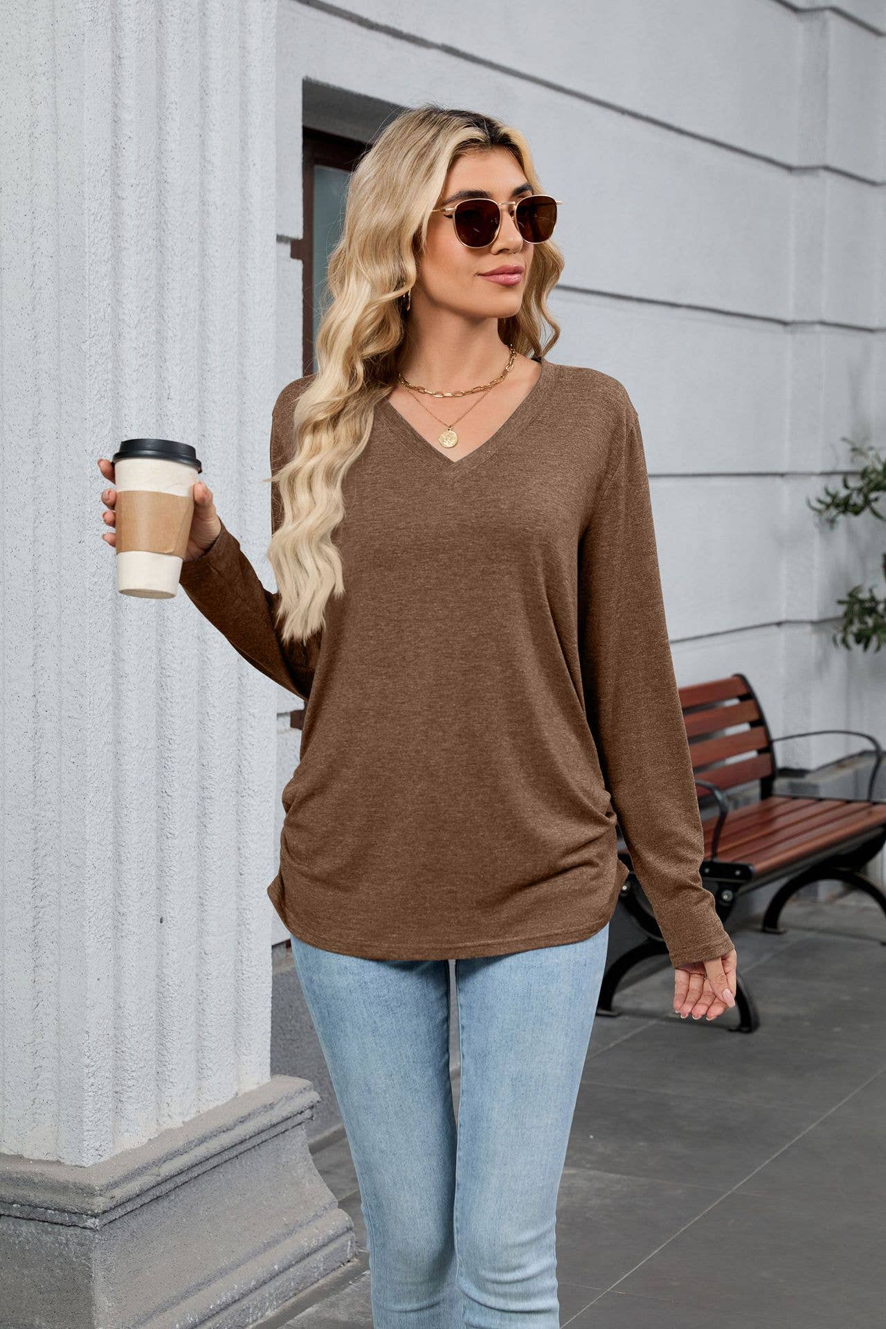 V-neck solid color loose long-sleeved T-shirt