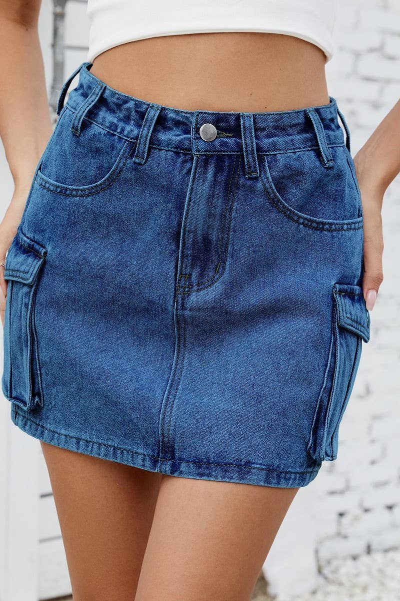 CWJSK00229_WASHED VINTAGE DENIM WORK POCKET SKIRT