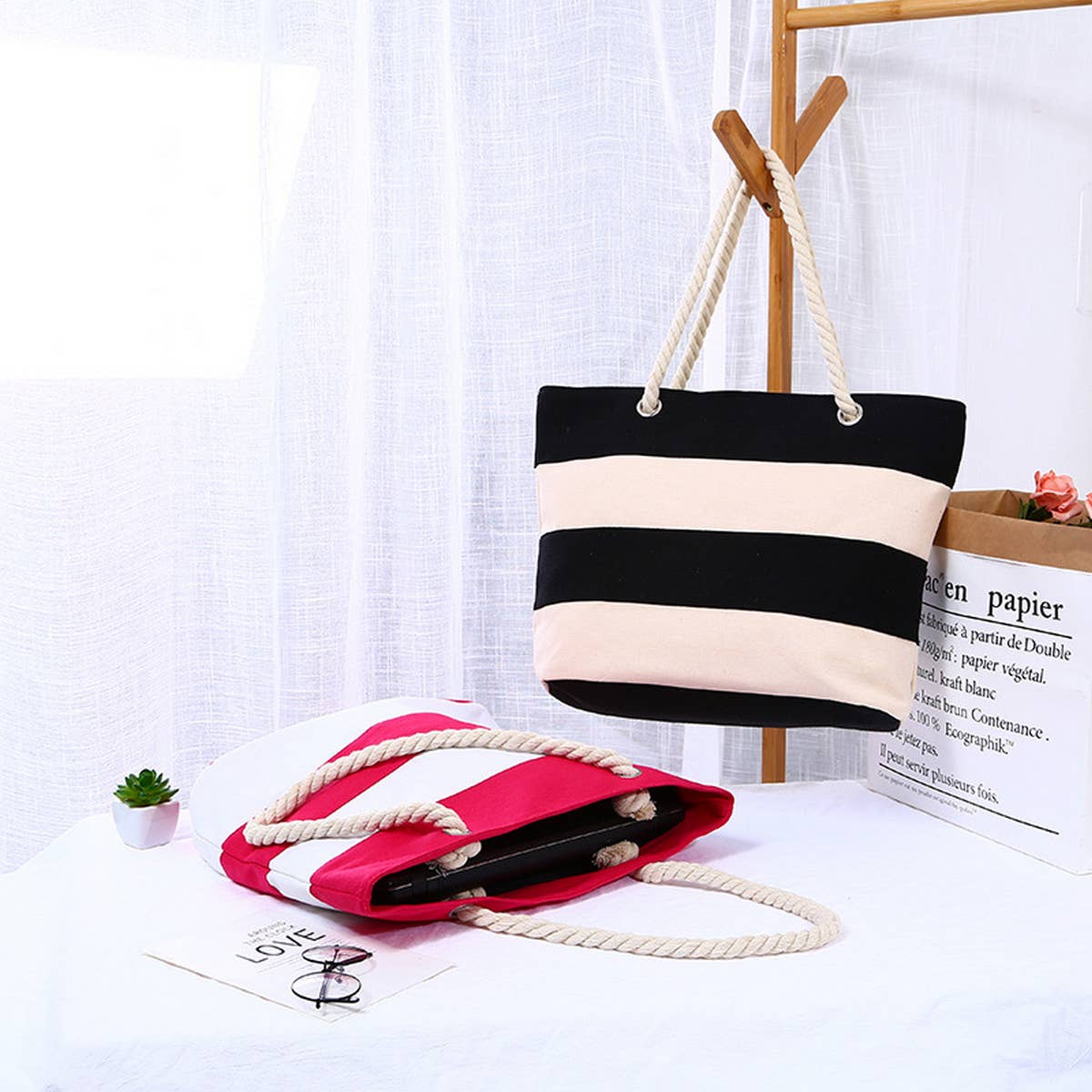 JINGPAI ROPE STRIPED PATCHWORK CANVAS BAG_CUAB0221