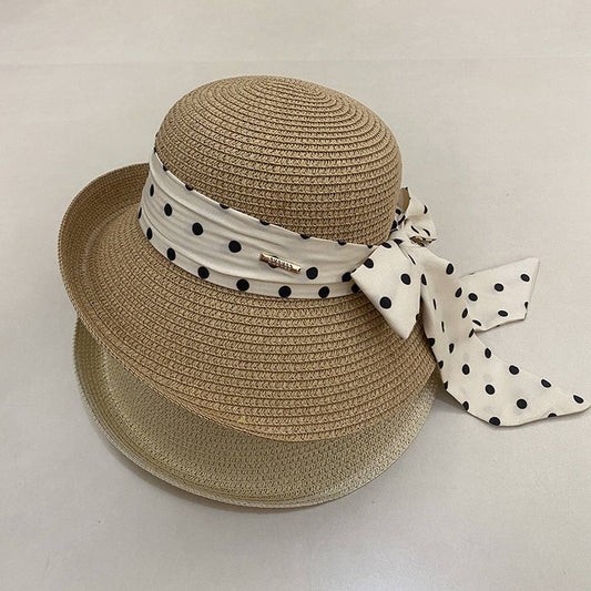 Women's Retro Polka Dot Bow Sun Hat_CWAH3498