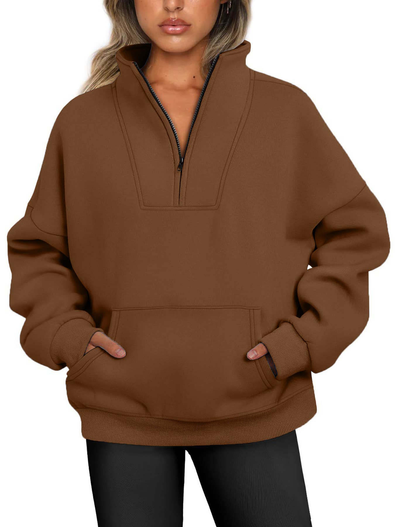 ZIPPER LOOSE STAND COLLAR SOLID COLOR HOODIE