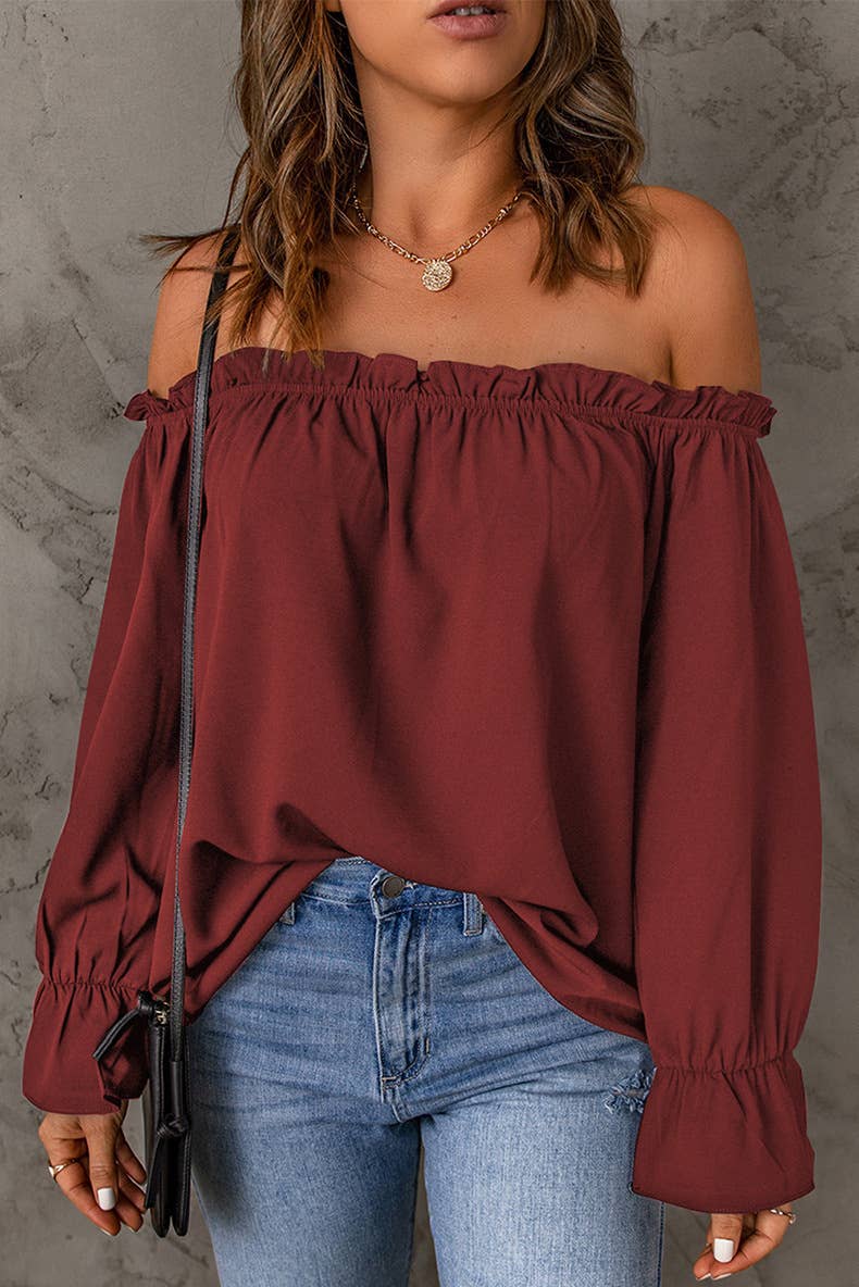 Solid-color pullover sexy off-the-shoulder shirt