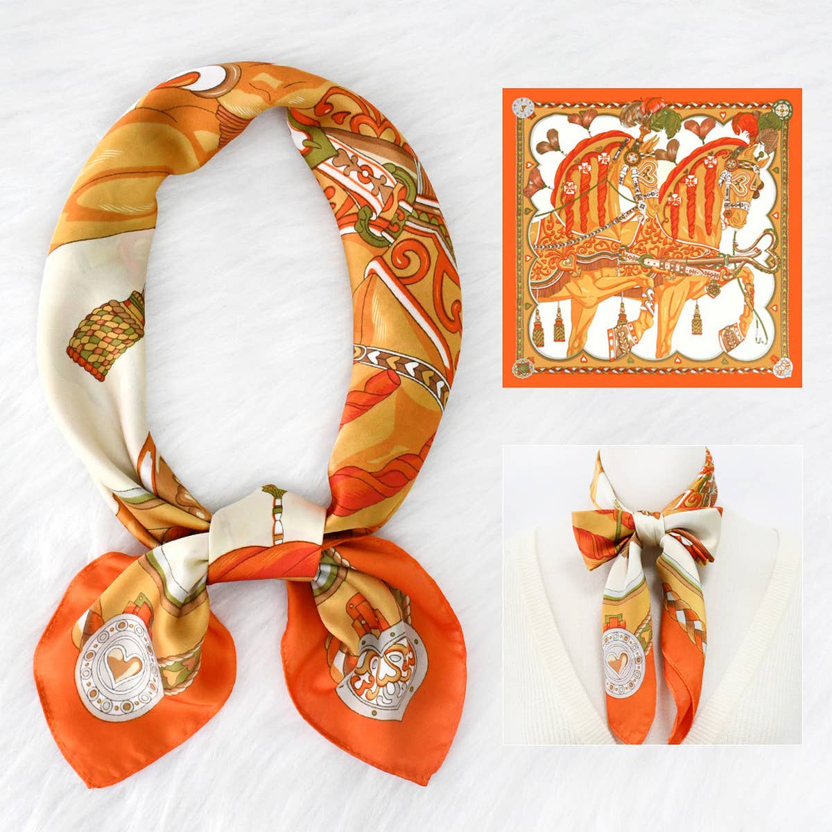 70cm Vintage Horse Print Satin Square Scarf_CWASC1151