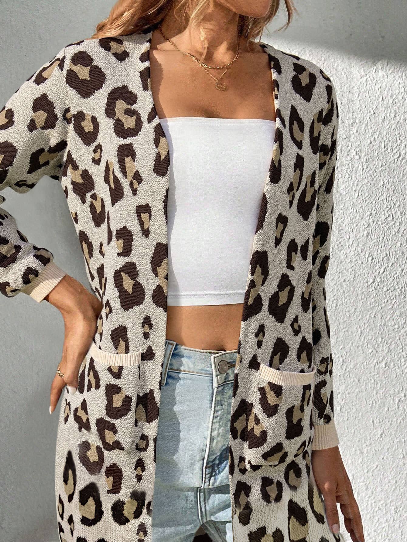 Leopard print jacquard long buttonless cardigan