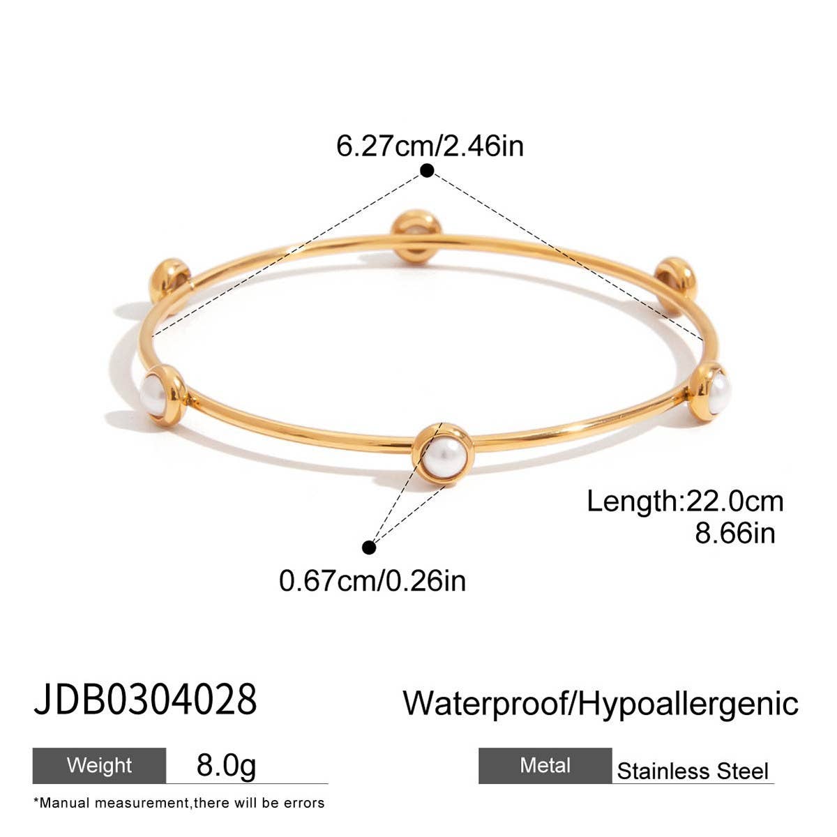 Classic 18K Gold Pearl Bangle, Stainless Steel