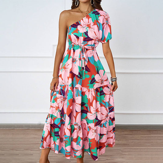 PRINTED BOHO DRESS WITH SLOPING NECK