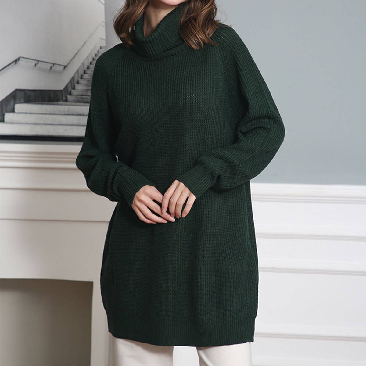 LONG-SLEEVED HIGH-NECK MID-RANGE POCKETS DRESS