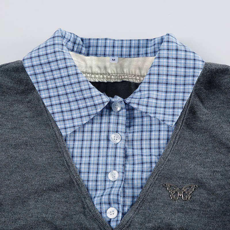 PREPPY PATCHWORK SHIRT NECK LONG-SLEEVED DRESS