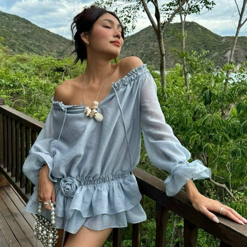 Off shoulder ruffle chiffon long sleeve dress