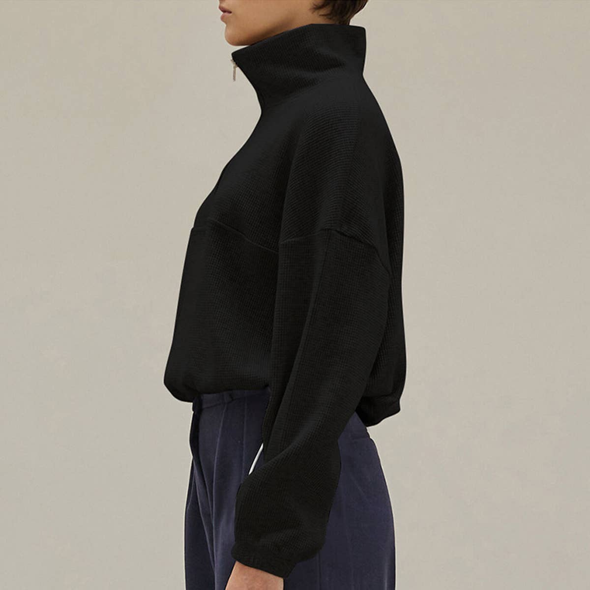 WAFFLE ZIP-UP POLO NECK PULLOVER HOODIE