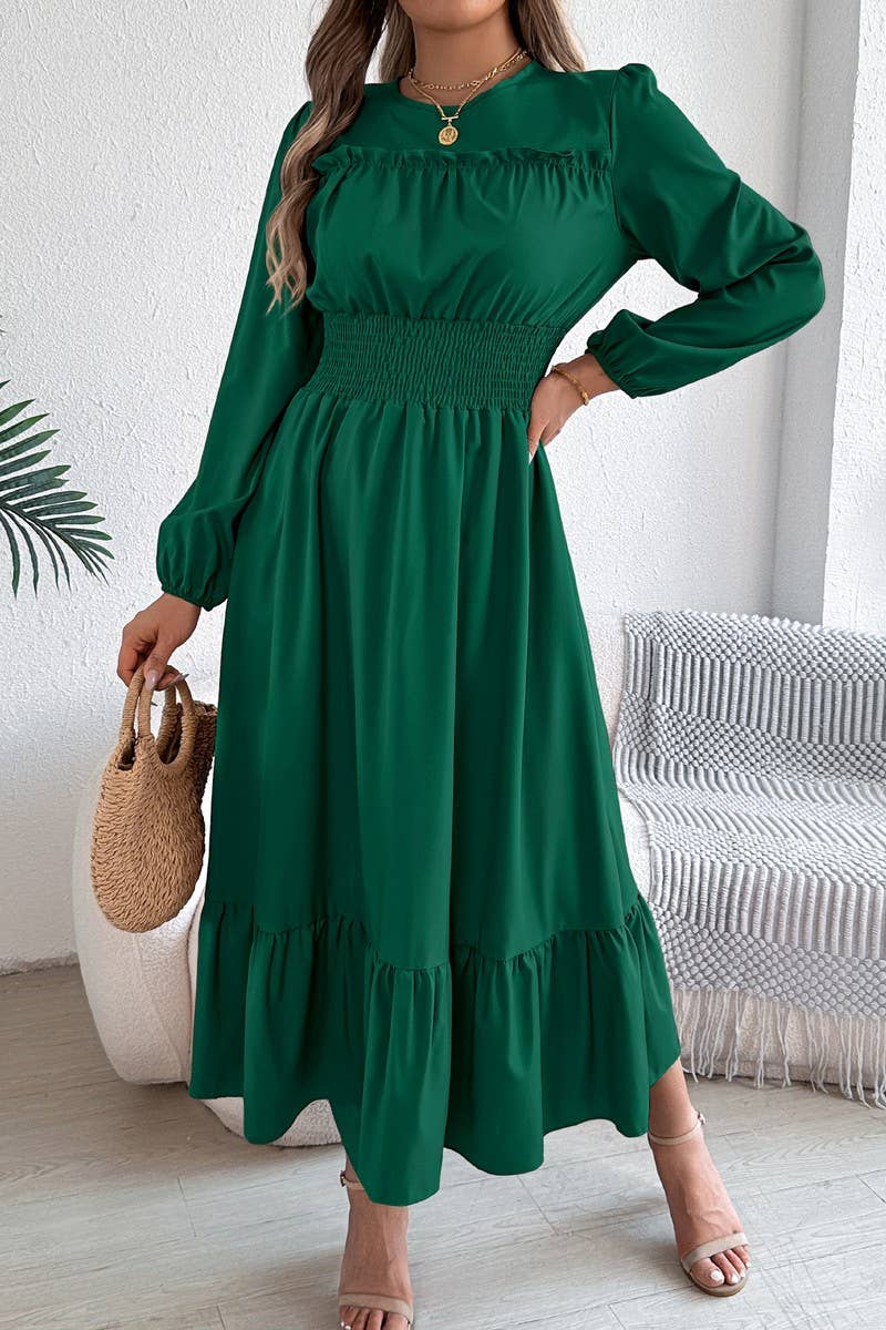 CWDMD6024_SOLID ELEGANT RUFFLE WAIST PLEATED MAXI DRESS