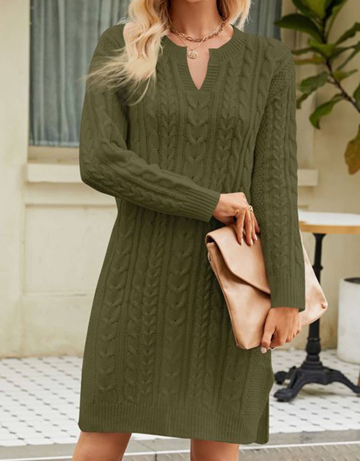 SOLID COLOR OPEN V-NECK SWEATER DRESS