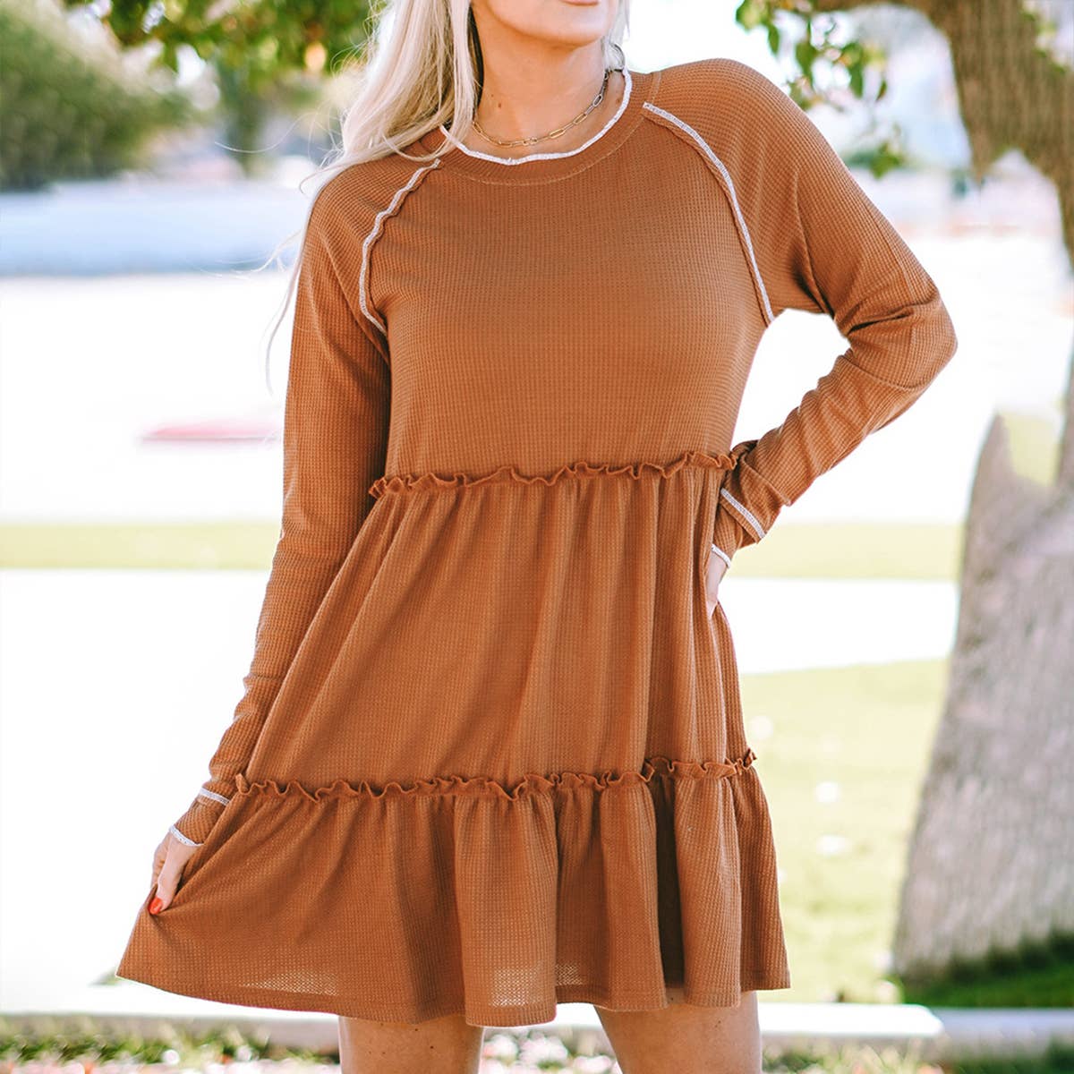 ROUND NECK FURRED EDGE LONG SLEEVE LOOSE DRESS