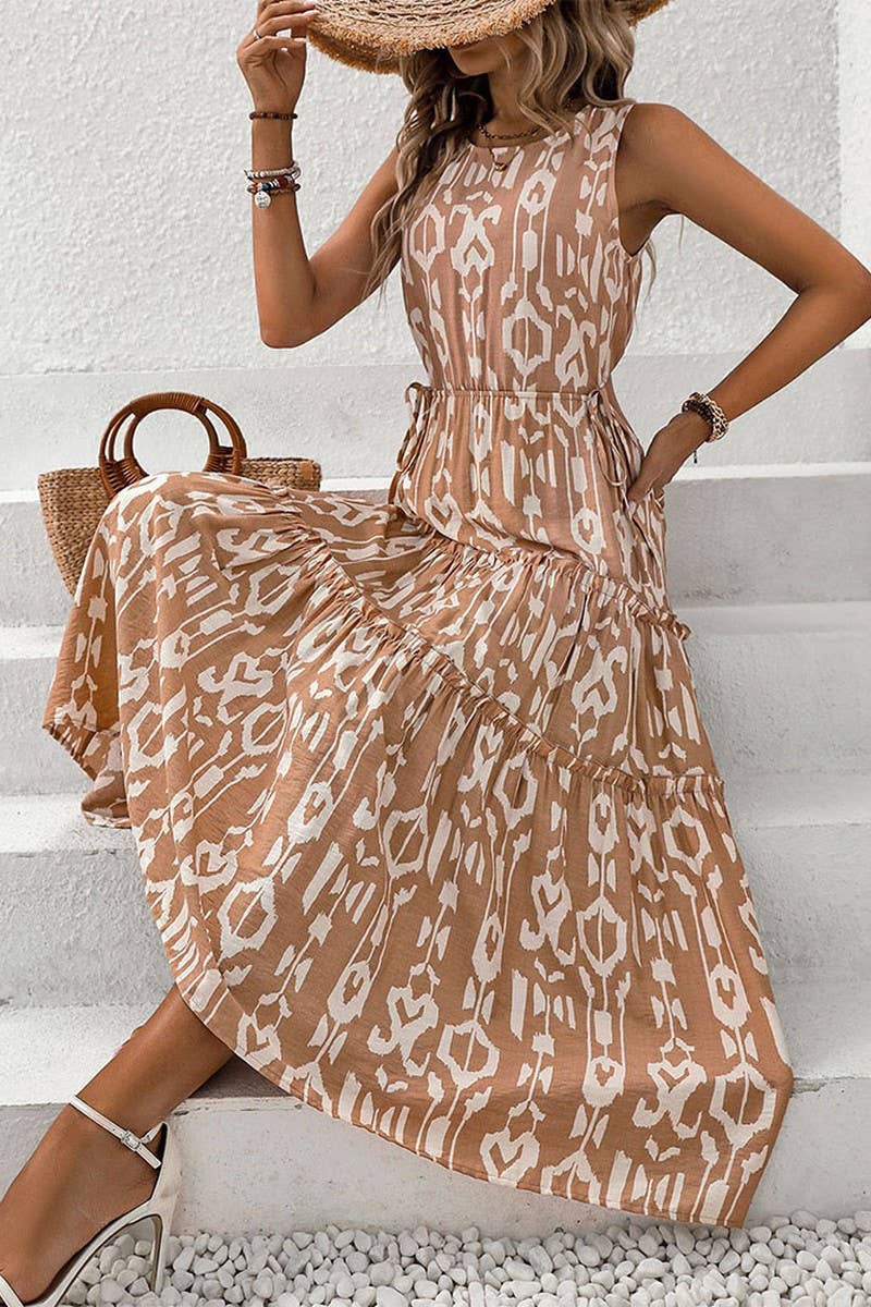 CWDMD2342_SLEEVELESS WAIST-BARING PRINTED LONG DRESS