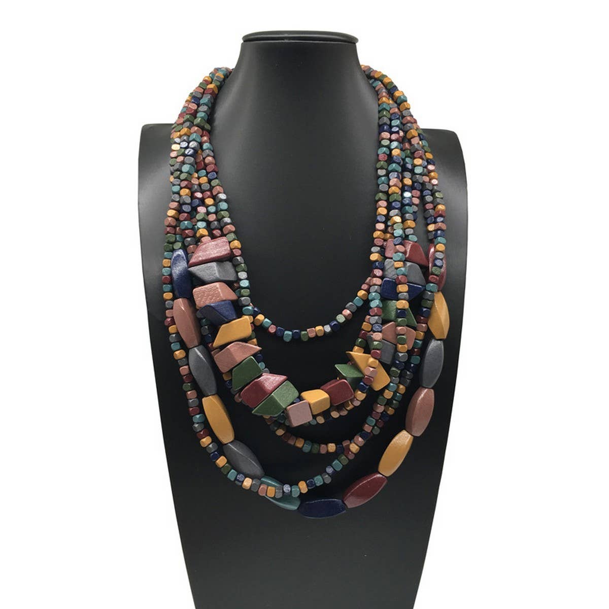 COLORFUL WOODEN MULTI-LAYERED LONG NECKLACE