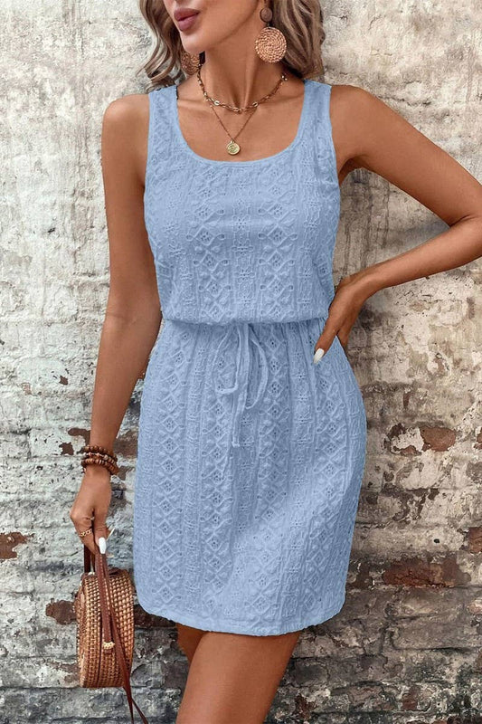 CWDMD4645_SQUARE NECK DRAWSTRING SLEEVELESS DRESS