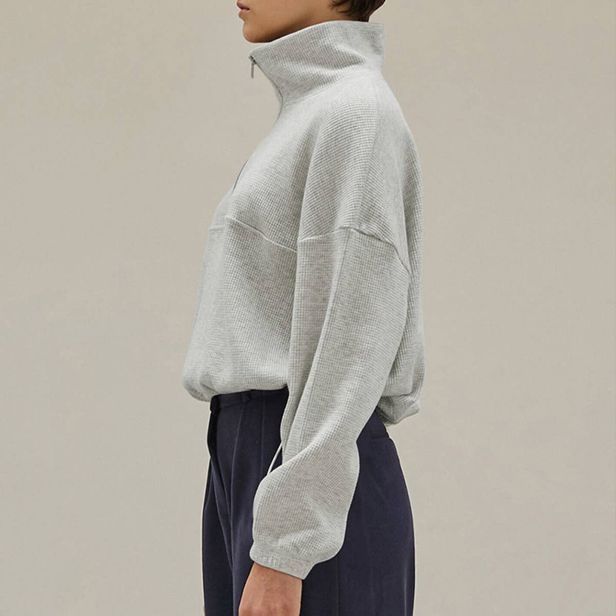 WAFFLE ZIP-UP POLO NECK PULLOVER HOODIE