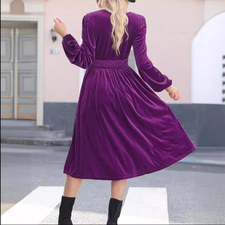 SOLID COLOR V-NECK PLEATED HIGH-WAISTED DRESS