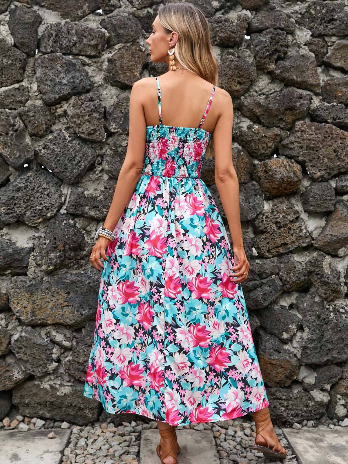 PRINTED HALTER V-NECK WAIST DRESS
