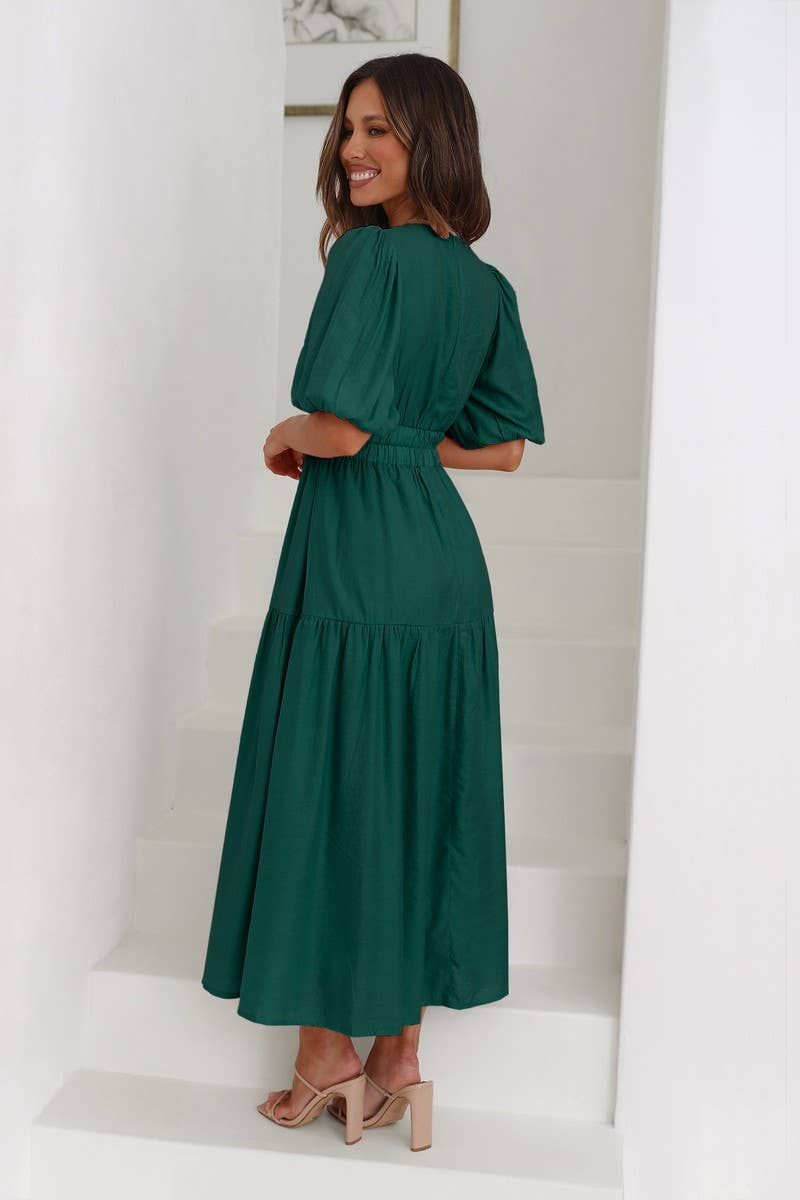 SOLID COLOR DARK V LANTERN  SLEEVE DRESS