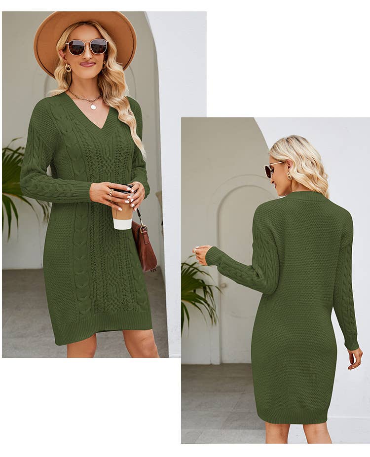 Solid color V-neck floral long sweater dress