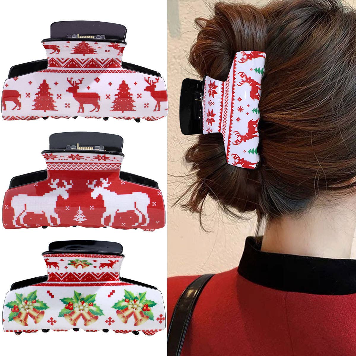Red Christmas Reindeer Snowflake Hair Clip_CWAHA2327