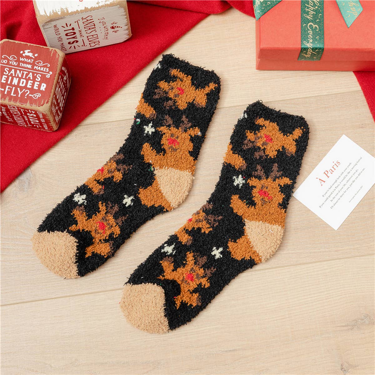 SANTA CLAUS ELK CORAL VELVET SOCKS