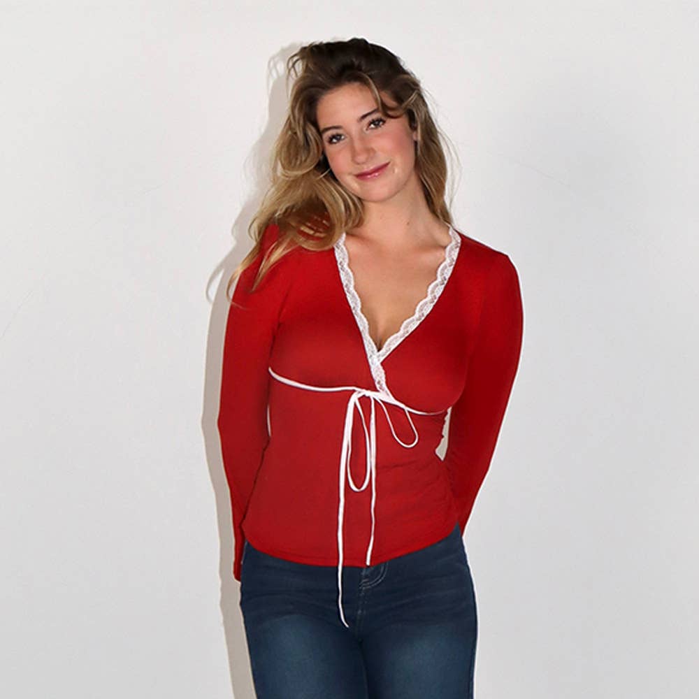 V-neck lace-trimmed bow sexy slimming T-shirt