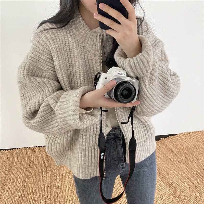 Solid-color zipper thick knitted cardigan